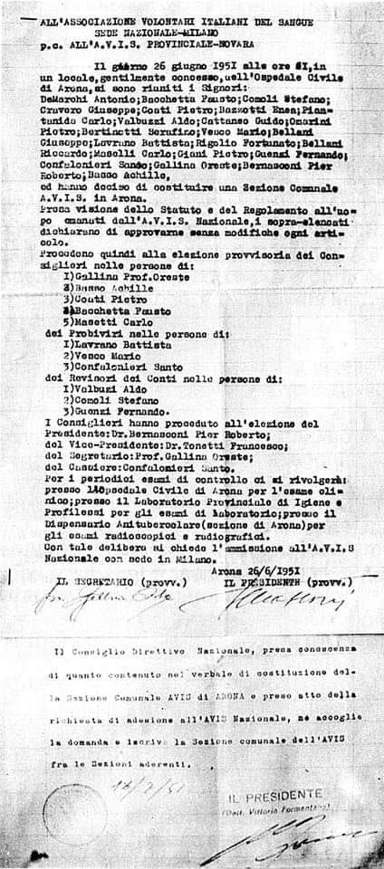 Documento storico sulla fondazione di AVIS Arona